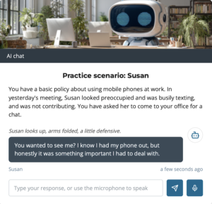Practice chat with AI bot in learning environment, screen shot of how this looks in the vlearning platform