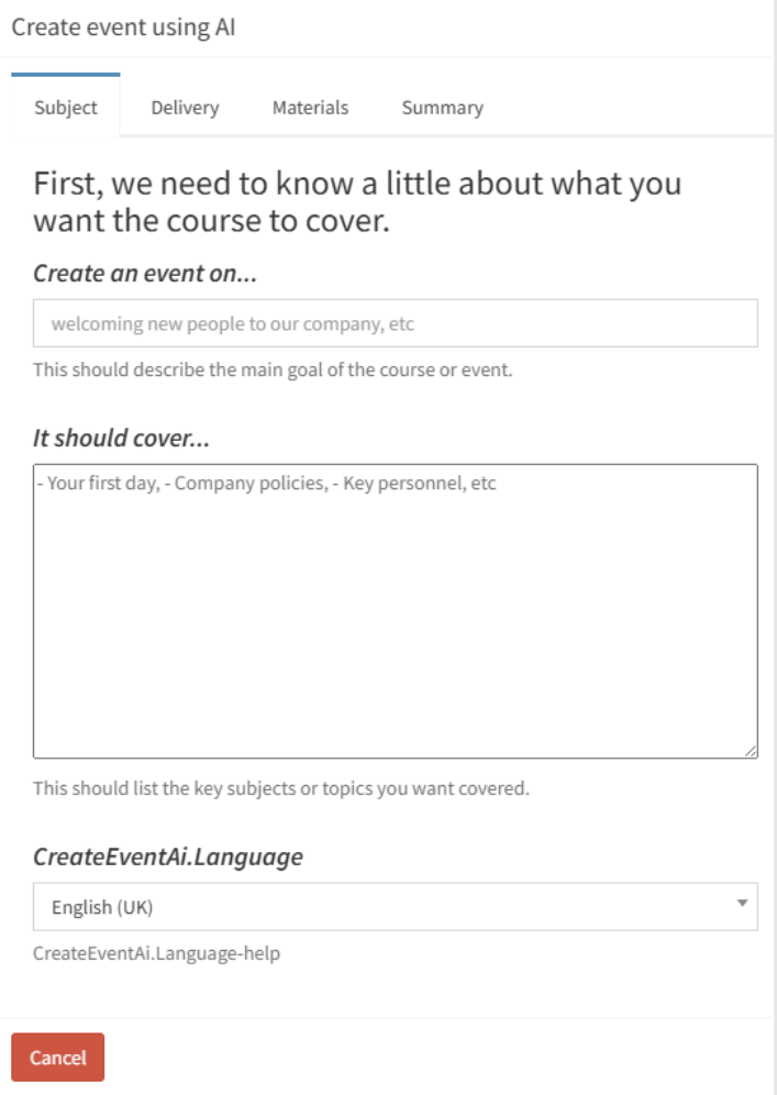 Create learning event using AI Form