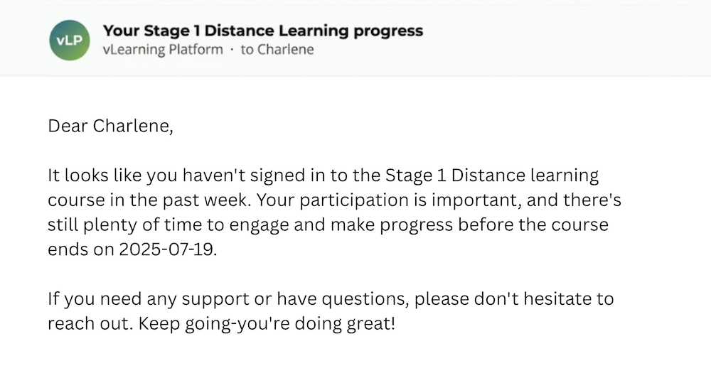 re-engagement nudge email for learners generated automatically based on engagement