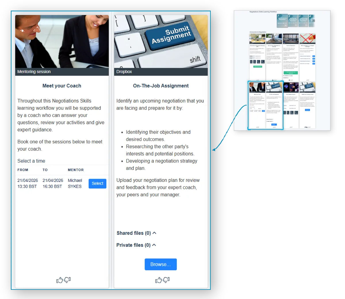 Two live activity cards from the vLearning Platform: an On-The-Job Assignment and a Meet Your Coach booking, as a learner sees them