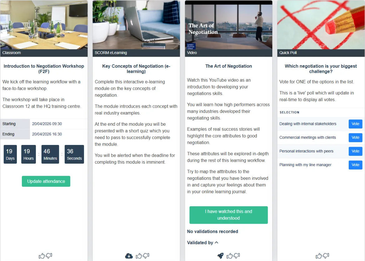 Row one activity cards: classroom, e-learning, video and quick poll