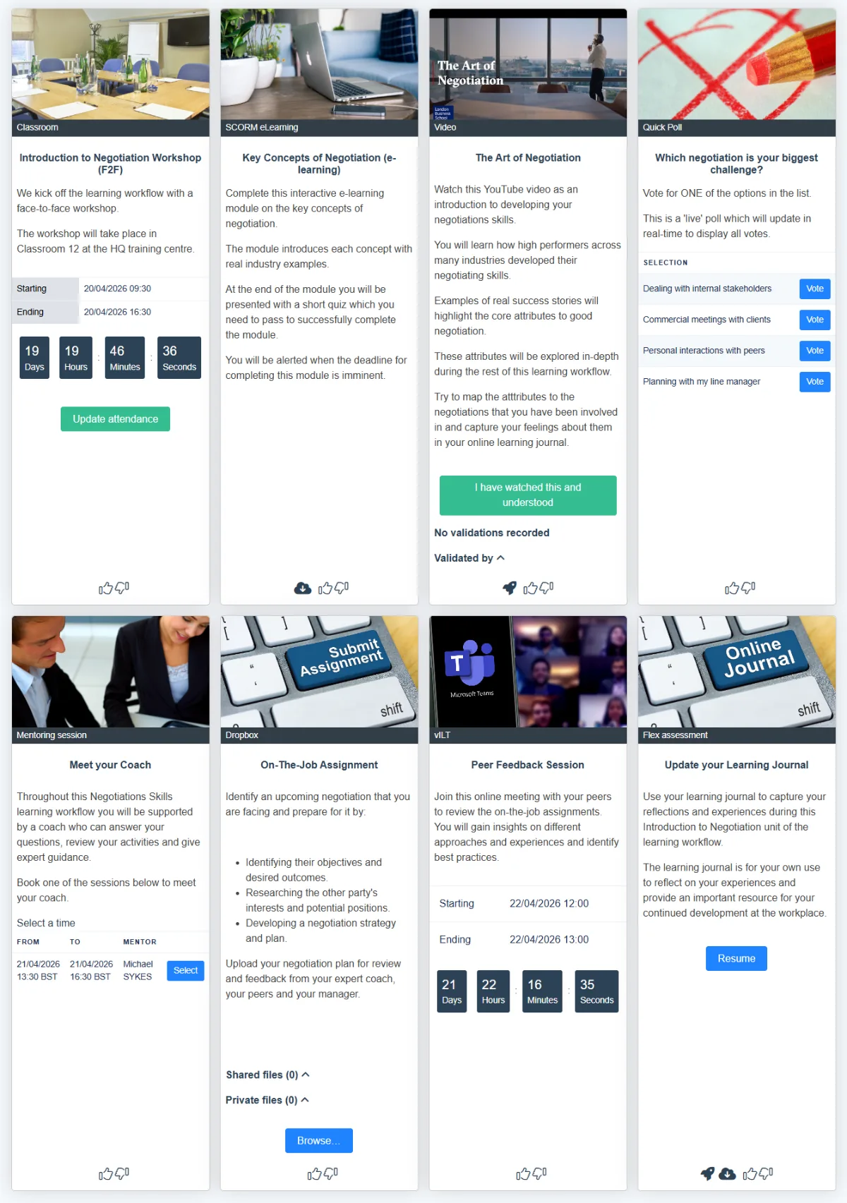 Unit 1 complete screen: Introduction to Negotiation; with the formal training row of classroom, e-learning, video and poll above the application activities row of coach, assignment, peer feedback and learning journal