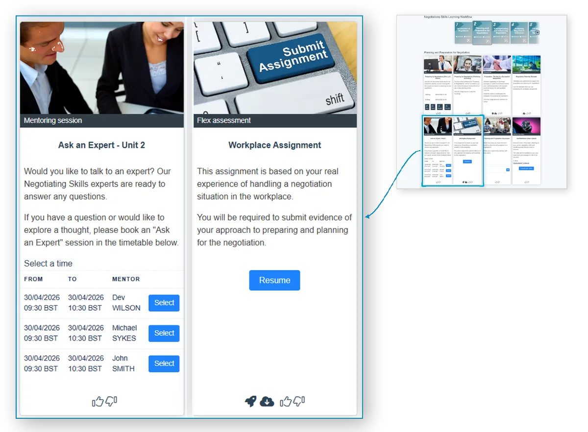 Workplace Assignment and Ask an Expert activity cards magnified from Subject 2