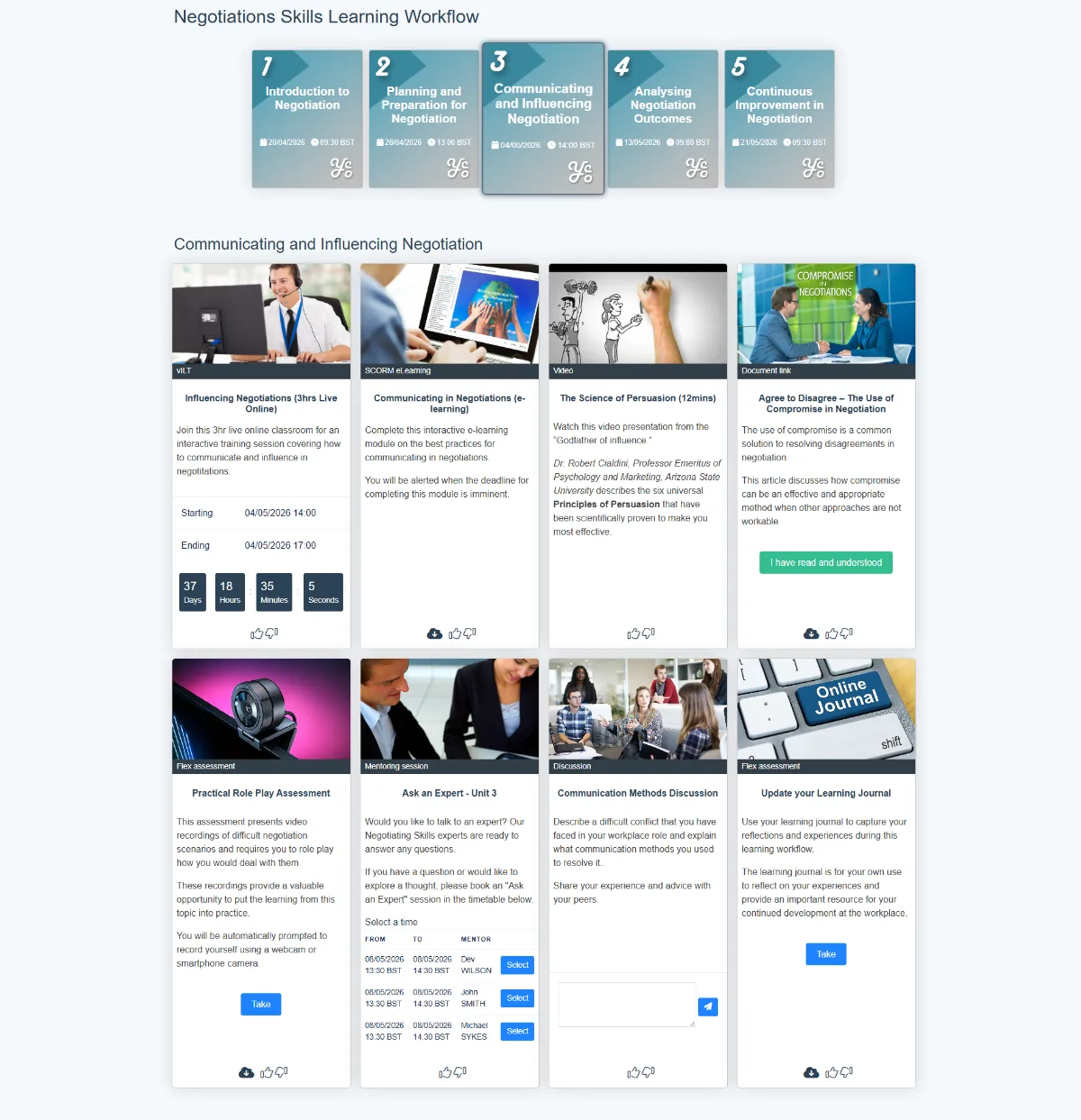The complete Subject 3 screen: formal training tiles above the role-play assessment, ask an expert, discussion and learning journal tiles