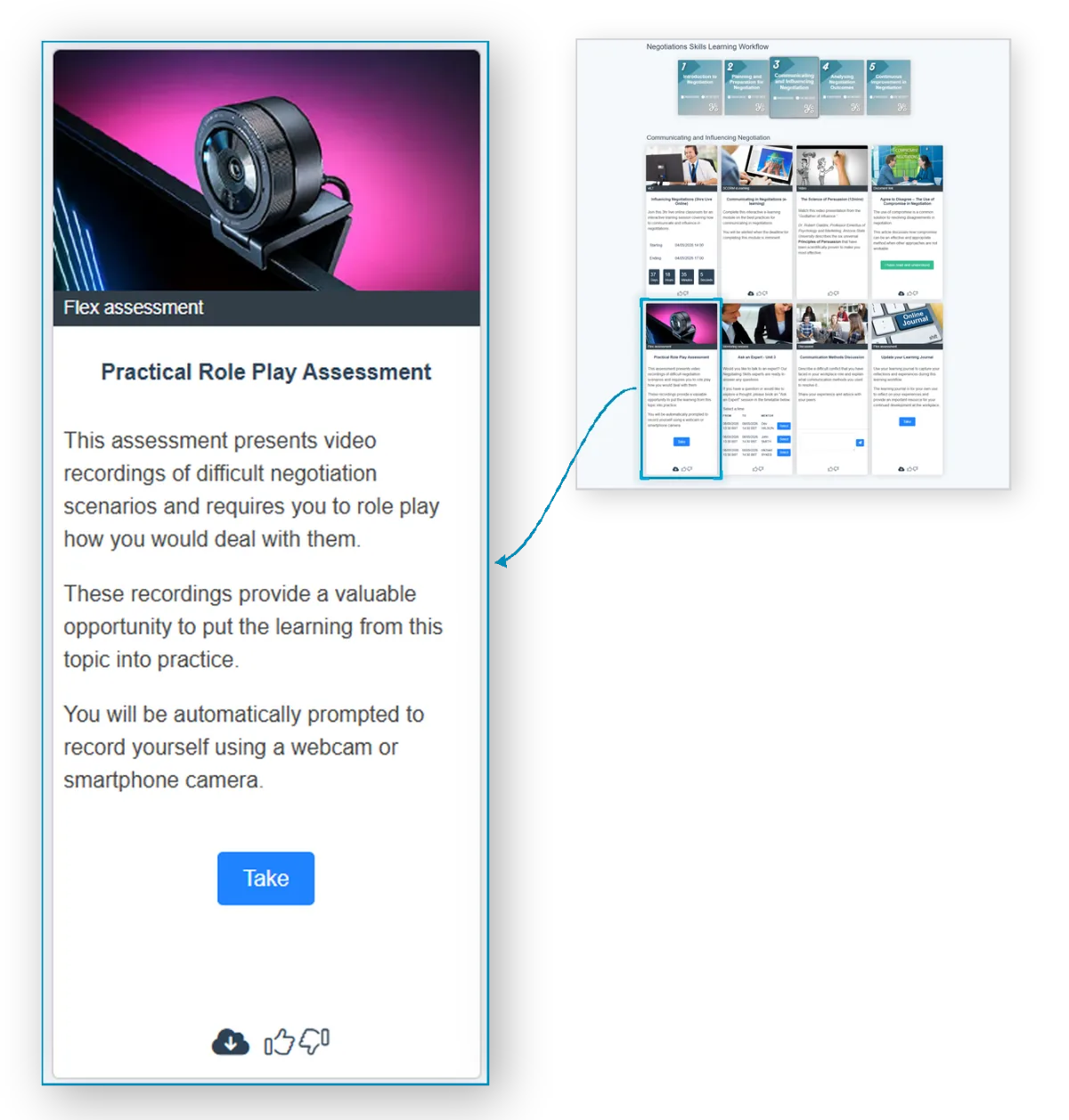 Practical Role Play Assessment card with webcam recording interface