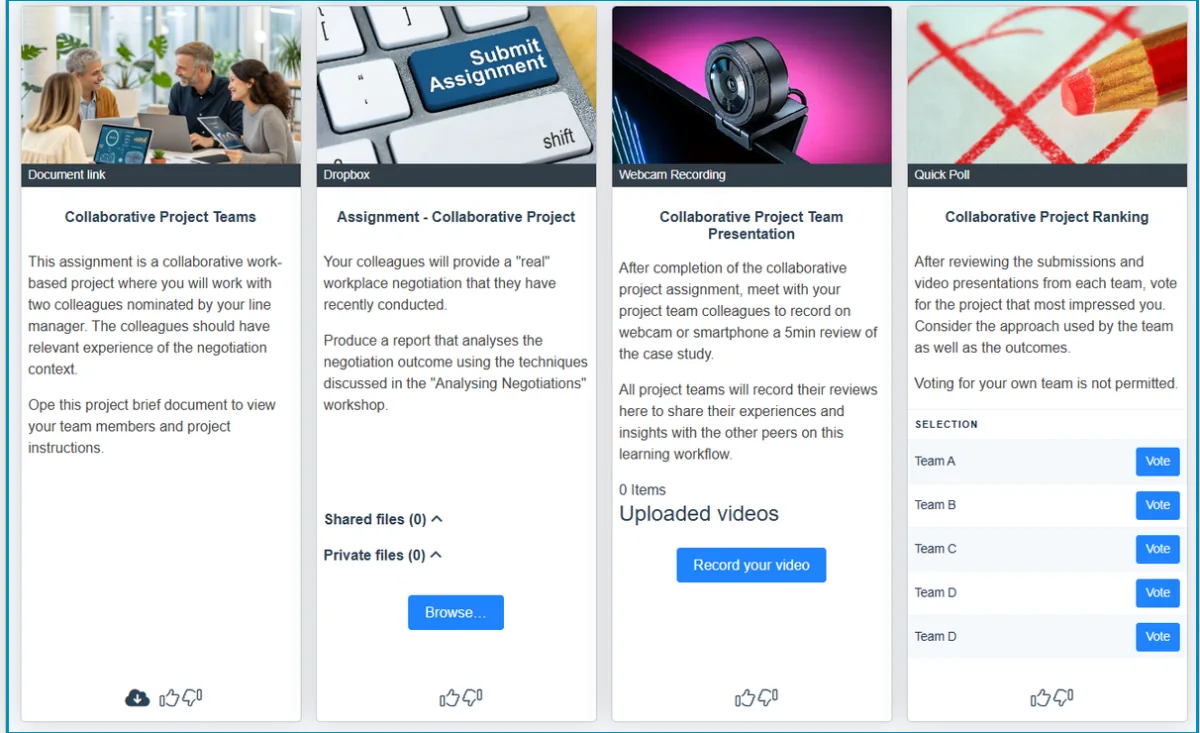 Subject 4 collaboration row: manager-nominated teams, real-world project work, recorded presentations, crowdsourced peer ranking